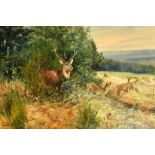 Wilhelm (Willi) Lorenz (1901-1981) German, A stag and hinds on the edge of a forest, oil on