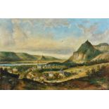 19th Century Continental School, a view of a riverside town surrounded by hills, oil on mahogany