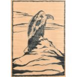 European School (early 20th Century) A Vulture on a rocky outcrop, woodblock print, signed with