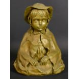 19th/20th Century wax sculpture of a girl in a hat, ready for casting, 11.5" high by 7" wide x