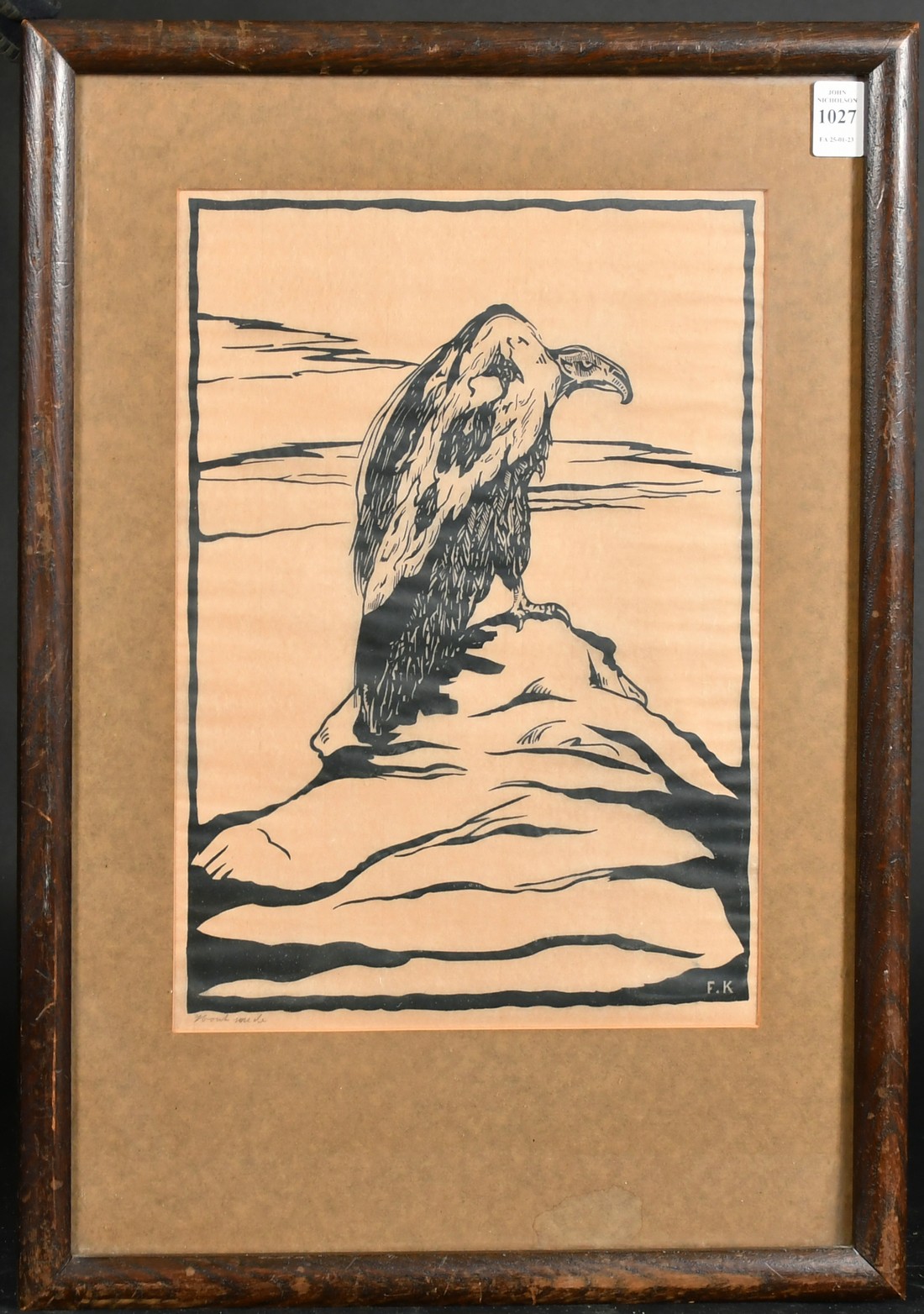 European School (early 20th Century) A Vulture on a rocky outcrop, woodblock print, signed with - Image 2 of 4