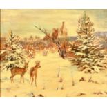 Wilhelm (Willi) Lorenz (1901-1981) German, A winter landscape with two deer standing in snow