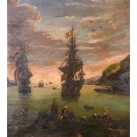 19th Century School, Tall ships in a rocky bay, with figures in Eastern costume in boats and on