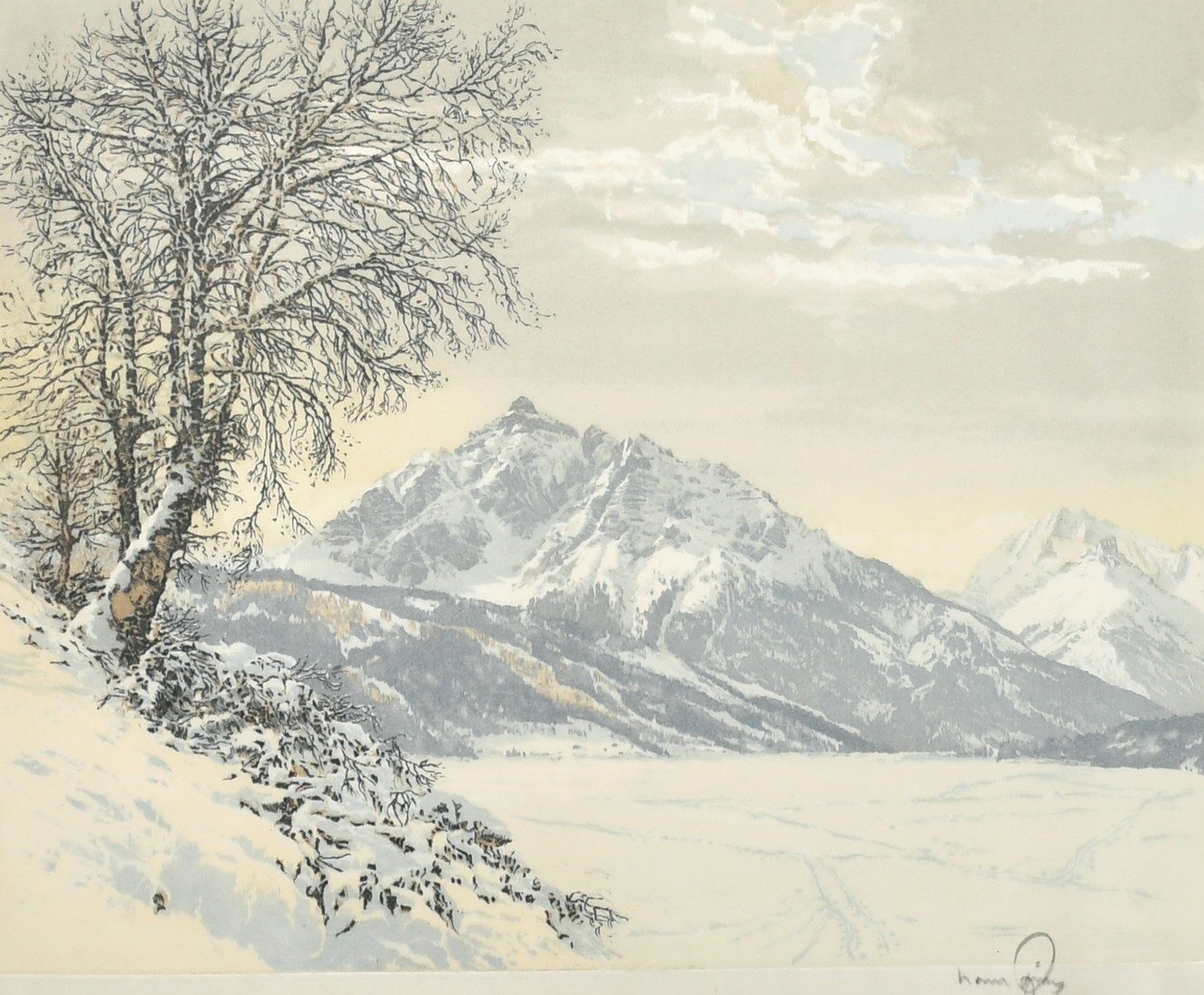 Hans Figura (1898-1978) Austrian, An Alpine winter scene, colour etching on silk, signed in