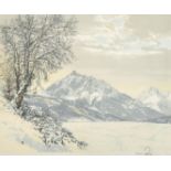 Hans Figura (1898-1978) Austrian, An Alpine winter scene, colour etching on silk, signed in