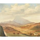 Ralph Ellis (20th Century), A valley with cattle and distant hills, oil on canvas, signed and