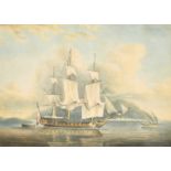 Attributed to Francis Swaine (1730-1782) British, A frigate at anchor possible off Gibraltar, and