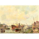 Early 20th Century Continental School, ships and barges on a busy city river with a horse and