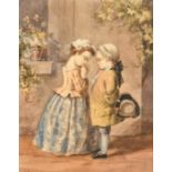 19th Century Continental School, young figures in shy conversation, watercolour, indistinctly