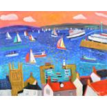 Alan Furneaux (21st Century), Newlyn harbour from the rooftops with sailing boats and shipping