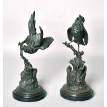 Ferdinand Pautrot (19th Century) French, A pair of bronzes, birds on a branch, mounted on circular