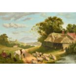 19th Century English School, a shepherd and his flock outside a thatched cottage, oil on canvas,