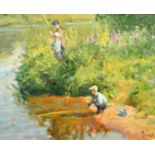 Vladimir Gusev (b. 1957) Russian, three boys fishing, oil on canvas, signed, 13" x 16" (33 x 41cm).