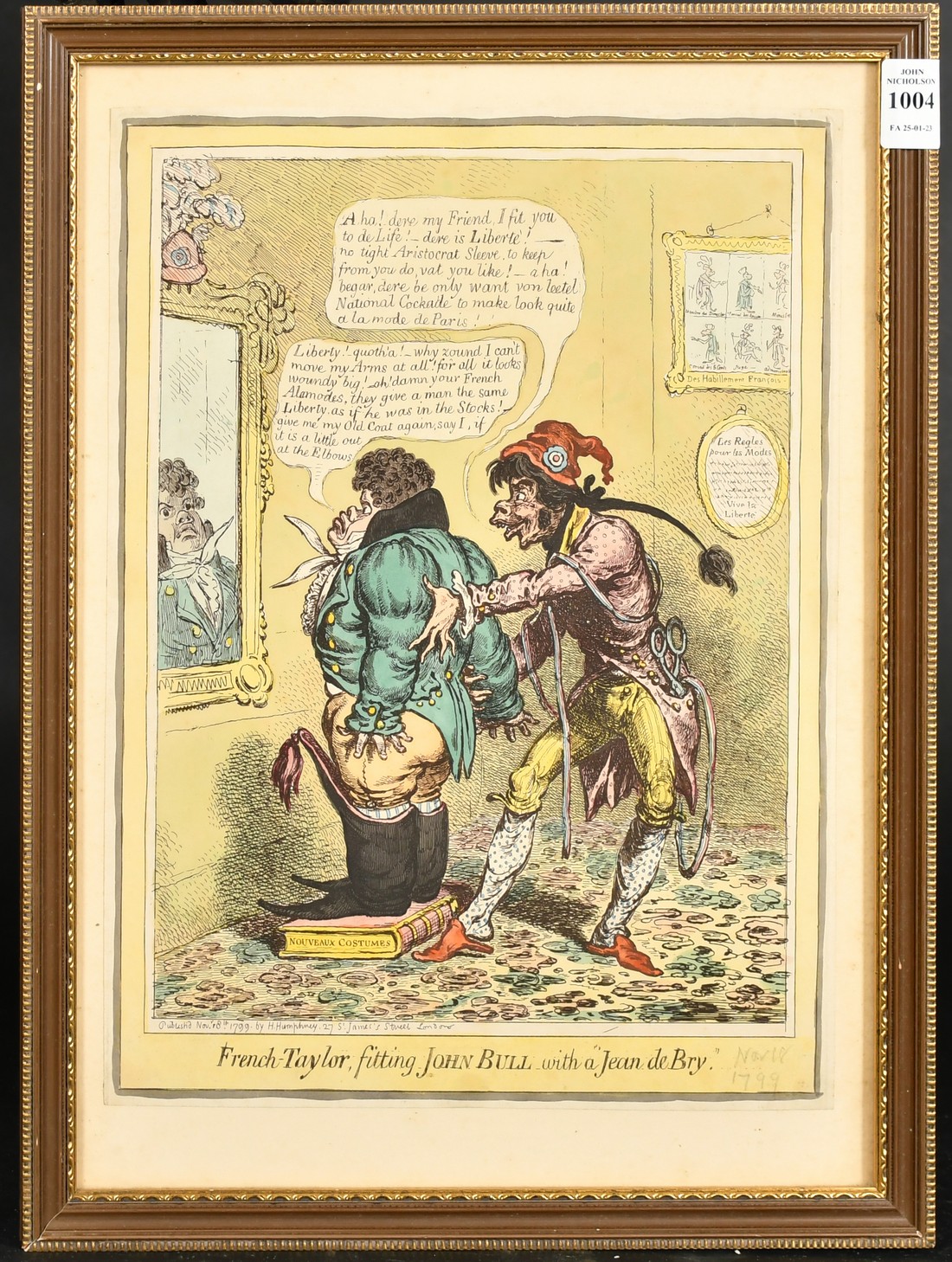 James Gillray (1757-1815) British, 'French Taylor, Fitting John Bull with a Jean de Bry', hand- - Image 2 of 3