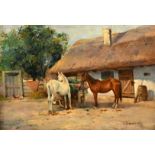 19th Century Continental School, a figure and two horses in a farmyard, oil on panel, indistinctly