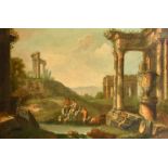 Manner of Claude Lorrain, A classical landscape with ruins and a couple resting their animals by