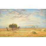 J. W. Oddie (19th/20th Century) British, figures gathering hay onto a cart at dusk, watercolour,