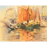 Frank Duffield (1901-1982) British, Moored sailing boats and a gondola on a Venetian canal,