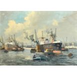 Early 20th Century Continental School, ships and barges on a busy city river, oil on canvas, 19.