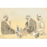 Middle Eastern School (20th Century) Three figures kneeling taking tea, pencil, watercolour and