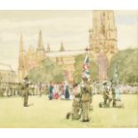 Ken Howard (1932-2022) British, A gathering of armed forces and clergy, watercolour, dedicated and