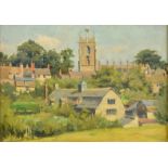 Circle of Philip Connard, 'Winchcombe Mill', View of a village and church, oil on board, inscription