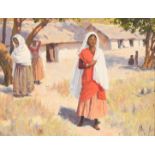 Percy Tarrant (1855-1934) British, A pair of Eastern scenes, village women outside huts, oils on