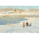 Vladimir Gusev (b. 1957) Russian, children playing in snow at the edge of a lake with ducks close