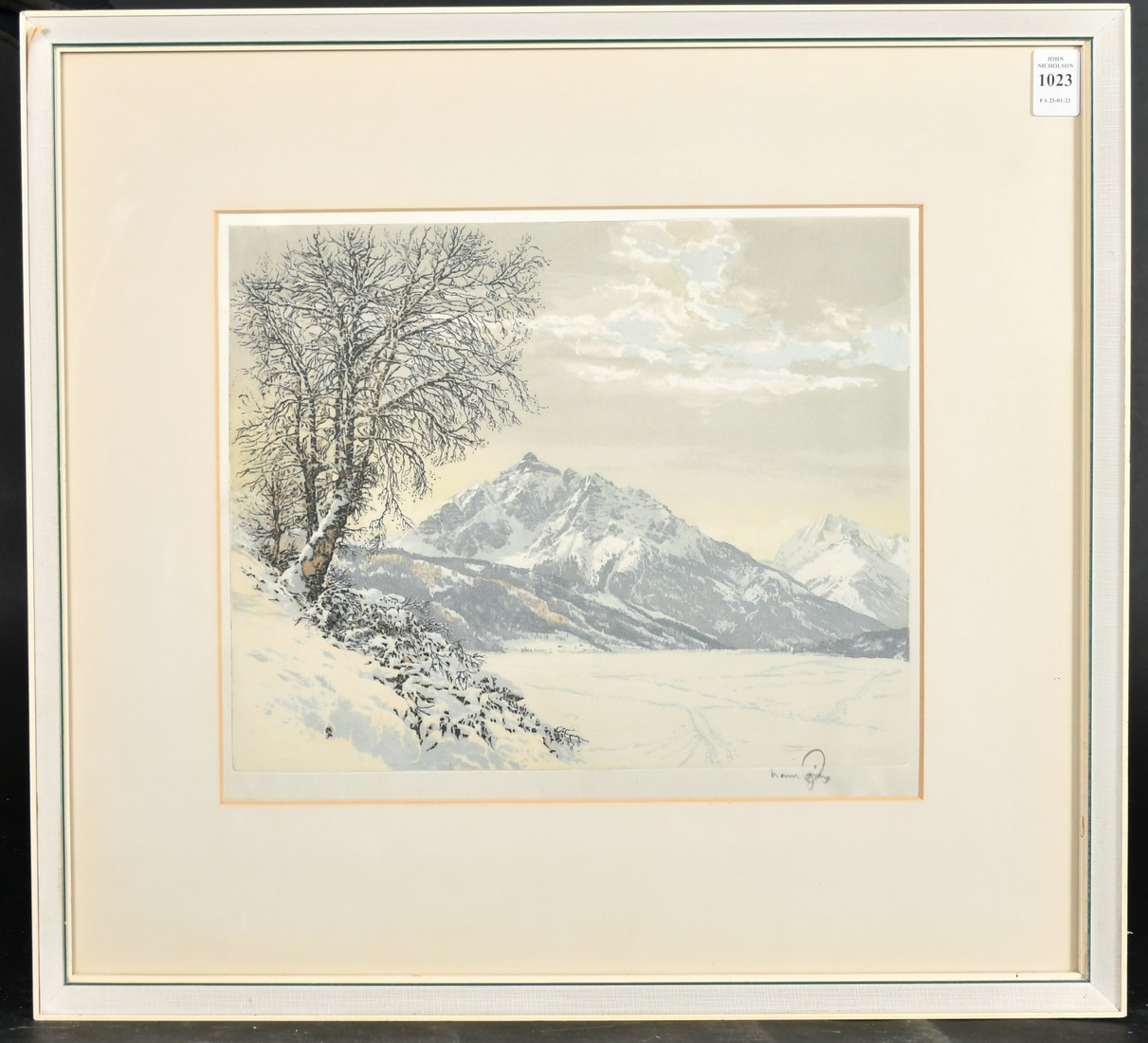 Hans Figura (1898-1978) Austrian, An Alpine winter scene, colour etching on silk, signed in - Image 2 of 4