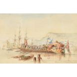 H. Oakes, A Royal barge and other shipping, watercolour, signed, inscribed and dated 1844, label