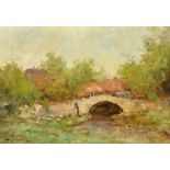 Attributed to Galien-Laloue (1854-1941) French, figure and geese by a stone bridge, oil on board,