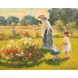 Jakov Besperstov (1929-1995) Russian, a mother and child admiring flowers in a park, oil on