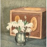 Modern British School, A still life of snowdrops in a pewter tankard, watercolour, initialled R.H,