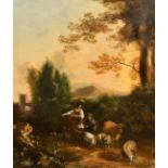 18th Century, Manner of Berchem, wayfarers and livestock on a country path, oil on canvas, 31" x