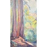 Circle of Emily Carr, Redwood trees in a forest, oil on canvas, Initialed E.W.V., 28" x 15.25", (