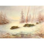 Early 20th Century German School, wild boar racing across a snowy winter landscape, oil on canvas,
