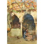 Italian School (late 19th Century) A lady washing clothes under a pergola, watercolour, indistinctly