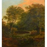 19th Century School, A wooded scene with a bridge over a stream, oil on board, 9.5" x 8.25", (
