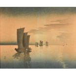 Ohara Koson, Boats on a calm sea at night, colour woodblock, signed and with a red seal, 7.5" x 9.