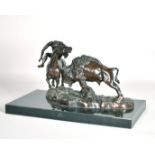 C M Russell, a buffalo attacking a horse ridden by a native American Indian, signed, on a marble