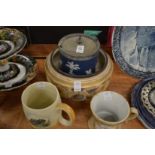 Jasperware biscuit barrel, a salad bowl and two tankards.