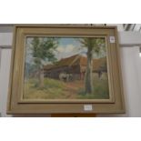 Rural scene with a horse by farm buildings, oil on canvas.
