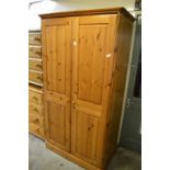 A pine two door wardrobe.