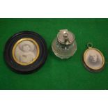 Two photographic miniatures and a silver topped mustard pot.