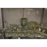 A good collection of Wedgwood green jasperware to include a pedestal vase (handle af).