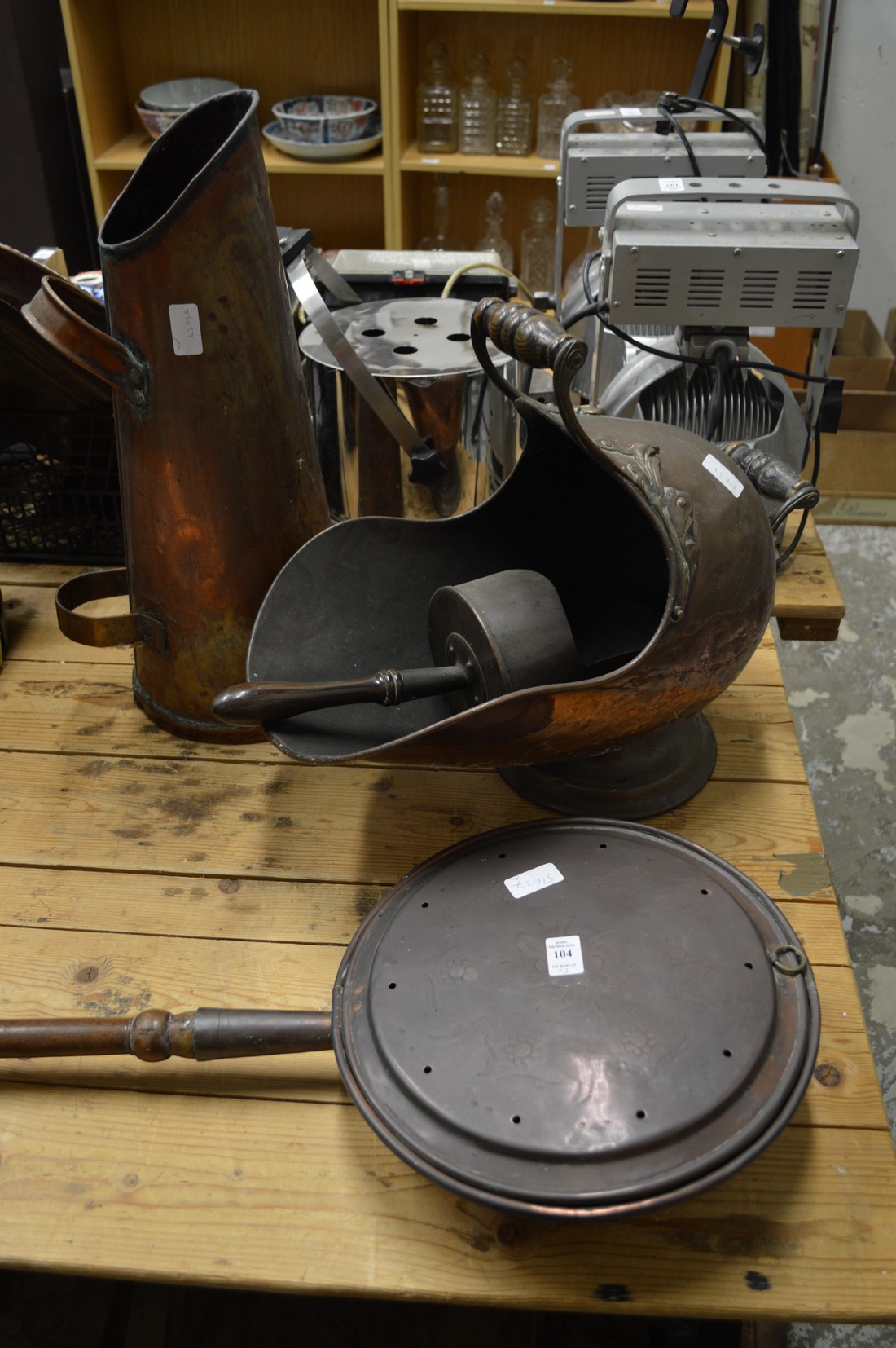 Copper bed warming pan and two coal scuttles.