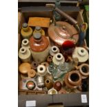 Stoneware jars, glass bottles, copper kettle and other collectables.