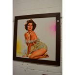 A glamorous kneeling female semi-nude, large oil on board, framed.