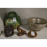 A Chinese ginger jar and cover, a silvered porcelain bowl and other items.