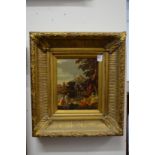 Classical scene with figures and ruins, oil on canvas in a decorative gilt frame.